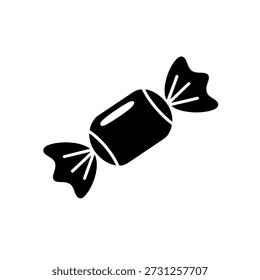 Una silueta negra de un caramelo envuelto con extremos retorcidos, presentado como un icono simple.
