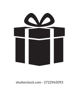 Una silueta negra de una caja de regalo envuelta con una cinta y un lazo aislados en blanco.