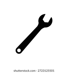 Icono de llave de silueta negro orientado en diagonal que representa la reparación o la herramienta mecánica