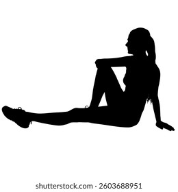 Black silhouette of a young athletic woman sitting and resting after a workout. Vector illustration