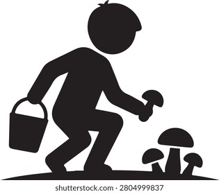 Black silhouette of a young boy crouching down to pick wild mushrooms in a forest while holding a small plastic bucket in his hand