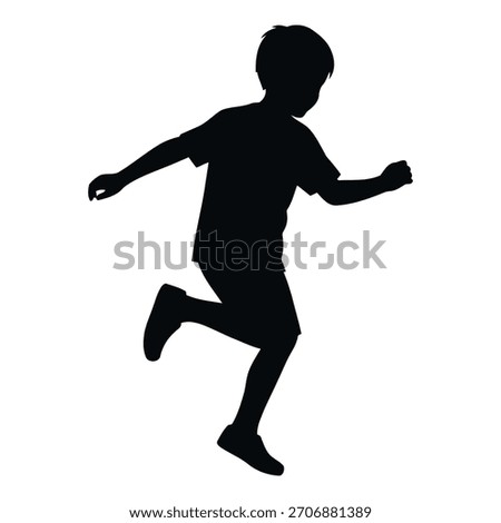 Black silhouette of a young boy running and jumping against a white background child