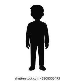 Black silhouette of a young boy standing isolated on white background, Vector, illustration