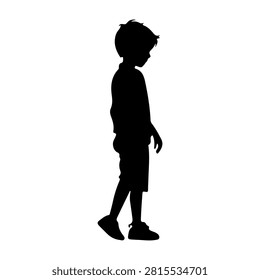A black silhouette of a young boy standing in profile against a white background, capturing innocence and childhood curiosity.