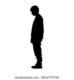A black silhouette of a young boy standing in profile against a white background, capturing a contemplative or thoughtful pose.