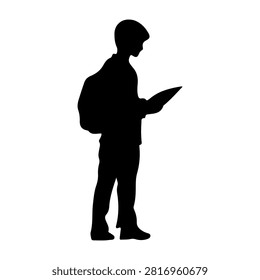 A black silhouette of a young boy standing and using a digital tablet device, emphasizing technology and childhood interaction.