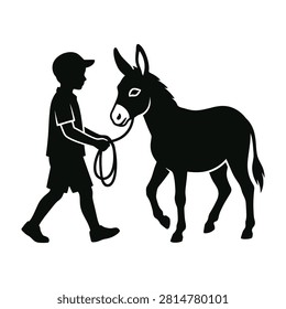 Black silhouette of a young boy walking while leading a donkey with a rope. Represents rural farm life, animal care, pastoral themes, and the bond between humans and livestock.