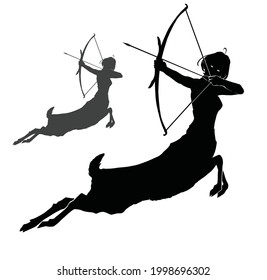 The black silhouette of a young centaur girl, with the body of a man and a fawn with thin legs, she quickly runs away, in a dynamic frisky jump, aiming behind her back with a bow, preparing to shoot. 