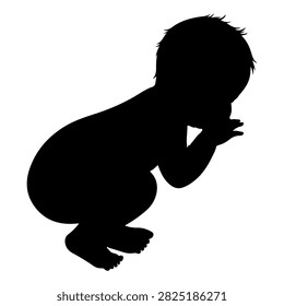 A black silhouette of a young child crouching and whispering, emphasizing curiosity and secrecy in a minimalistic style.