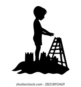 A black silhouette of a young child playing and building a sandcastle on the beach, capturing childhood innocence and outdoor fun.