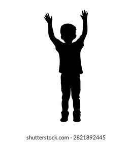 A black silhouette of a young child standing with arms raised in celebration or triumph, set against a plain white background.