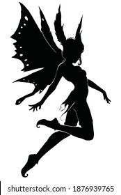 The black silhouette of a young fairy girl, gracefully flying through the air on her moth wings, waving her thin arms, on her feet boots with spirals at the end. 2d illustration.