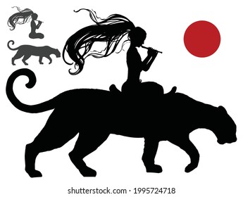 The black silhouette of a young flute girl traveling in a lotus position astride a huge leopard with a hooked tail, she plays a muse, her hair fluttering in the wind. 2d illustration