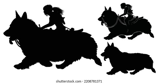 The black silhouette of a young girl, she is a knight traveler riding a cute huge corgi dog running merrily with her tongue out. 2d vector art