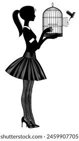 Black silhouette of a young girl in a short fluffy skirt and high-heeled shoes releases a bird from a cage. Drawing in vintage black and white engraving style. Vector illustration