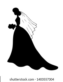 Black Silhouette Of Young Girl In Wedding Long Dress With Train Standing With Veil And With Bouquet In Her Hands. She Stands In Profile. Beautiful Woman Icon Image