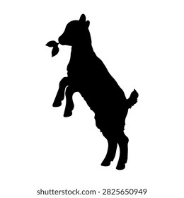 Black silhouette of a young goat standing on hind legs, isolated on white background, showcasing playful and energetic posture.
