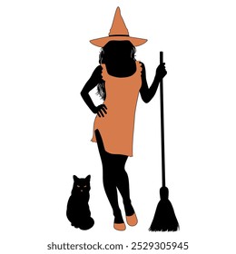 Black silhouette of young Halloween witch in orange dress and hat with broomstick and black cat. Vector illustration for Halloween party.