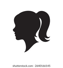 Black silhouette of a young woman’s head in profile with a ponytail hairstyle. Minimalist female avatar or icon ideal for web use, logo design, beauty, and fashion branding.