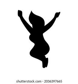 A black silhouette young joyful girl jumping with hands up, motion. Vector illustration on white background