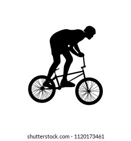  Black silhouette of young man doing bicycle freestyle trick. Extreme oudoor sport activity symbol. Cyclist icon. Isolated vector illustration.