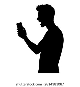 Black silhouette of a young man engaging with a smartphone, emphasizing modern technology and communication in a minimalistic style.