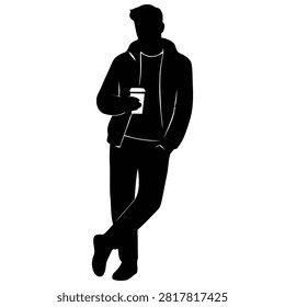 Black Silhouette of a Young Man Leaning and Holding a Coffee Cup Wearing Casual Jacket and Hoodie