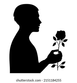 Black silhouette of young man in profile with a rose in hand. Vector illustration