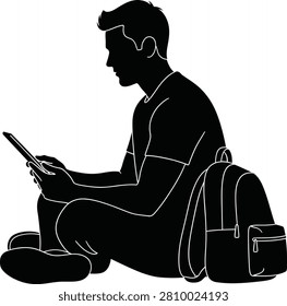Black silhouette of a young man sitting on the floor, holding a tablet or smartphone, with a backpack beside him, isolated on white background.