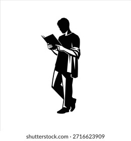 Silueta negra del hombre joven que se para y que lee el libro que lo sostiene abierto. Lleva ropa informal y bufanda sobre los hombros. Aislado sobre fondo blanco.