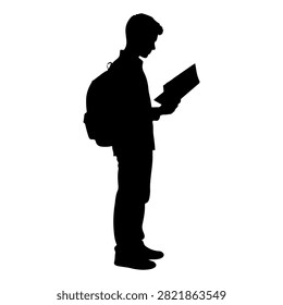 A black silhouette of a young man standing and reading a book, with a backpack, against a plain white background, emphasizing education and leisure.
