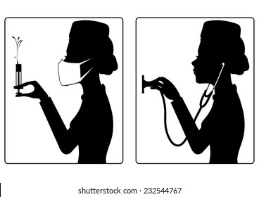 Black silhouette of young nurse with syringe and stethoscope