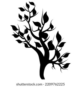 Black silhouette of young shoot of tree with leaves isolated on white. Design element.