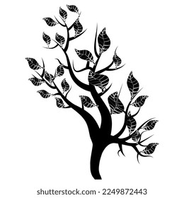 Black silhouette of young shoot of tree with leaves isolated on white. Vector design element.