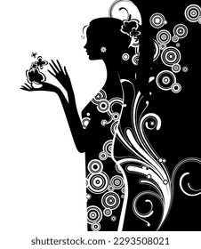 Black silhouette of a young slim girl in long dress with abstract flowers in hand on a decorative background. Fashion, perfumery and cosmetics page template. 
Vector illustration