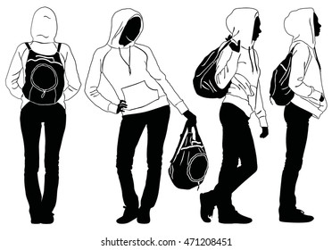 Black silhouette of young slim woman dressed in jeans and white hooded jumper. Vector icons of modern urban girl holding rucksack in her hands. All details are separated and can change the color.