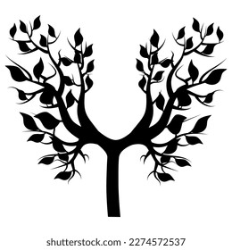 Black silhouette of young symmetrical tree with leaves isolated on white. Design element.