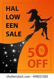 Black silhouette of a young witch flying on a broom with packages from shop. Vector clip art for Halloween shopping sale.