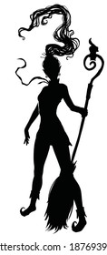 The black silhouette of a young witch girl with a broom on which hangs a kitten flying up, as well as her long hair, oan stands defiantly with her legs apart. 2d illustration.
