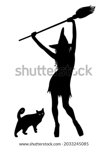 Black silhouette of young witch in hat with broomstick in her hands and black cat. Vector illustration for Halloween.