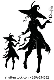 Black silhouette of a young witch, she is preparing a magic potion that flies in her hand, she is wearing a large hat and she is in a playful pose. 2d illustration.
