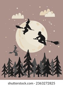 Black silhouette of a young witches and wizards flying on broom above the forest in the night sky. Vector clip art for Halloween Party.