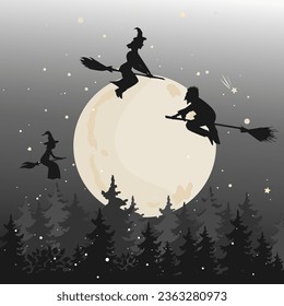 Black silhouette of a young witches and wizards flying on broom above the forest in the night sky. Vector clip art for Halloween Party.