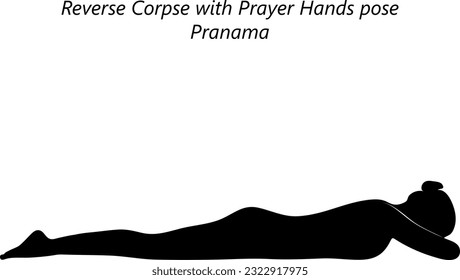 Black silhouette of young woman practicing yoga, doing Reverse Corpse with Prayer Hands pose. Pranama. Prone and Neutral. Beginner. Isolated vector illustration.