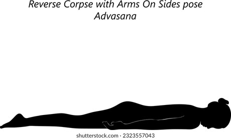 Black silhouette of young woman practicing yoga, doing Reverse Corpse with Arms On Sides pose. Advasana. Prone and Neutral. Beginner. Isolated vector illustration.