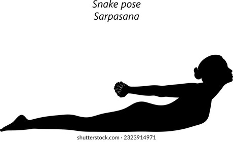 Black silhouette of young woman practicing yoga, doing Snake pose. Sarpasana. Prone and Backbend. Beginner.  Isolated vector illustration.