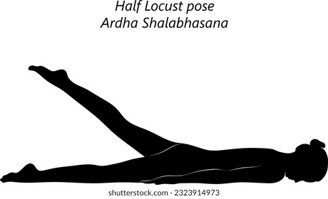 Black silhouette of young woman practicing yoga, doing Half Locust pose. Ardha Shalabhasana. Prone and Backbend. Beginner. Isolated vector illustration.