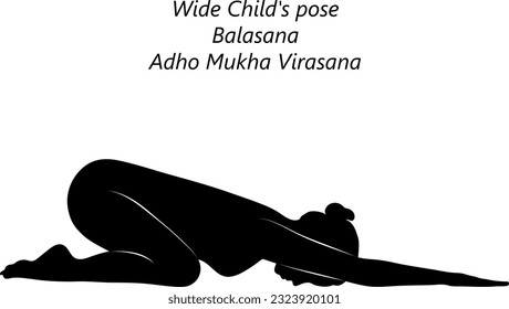 Black silhouette of young woman practicing yoga, doing Wide Child pose. Downward Facing Hero or Forward Facing Hero pose. Balasana. Adho Mukha Virasana. Prone. Isolated vector illustration.