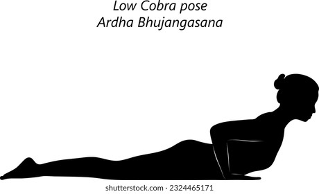 Black silhouette of young woman practicing yoga, doing Low Cobra pose or Baby Cobra pose. Ardha Bhujangasana. Backbend. Prone and Backbend. Beginner.  Isolated vector illustration.