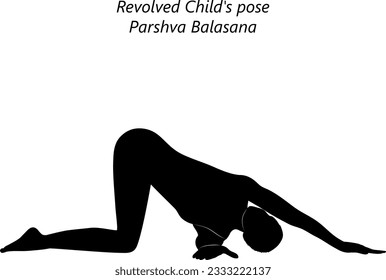 Black silhouette of young woman practicing yoga, doing Revolved Child pose or Thread the Needle pose. Parshva Balasana. Arm Leg Support and Twist. Beginner. Isolated vector illustration.